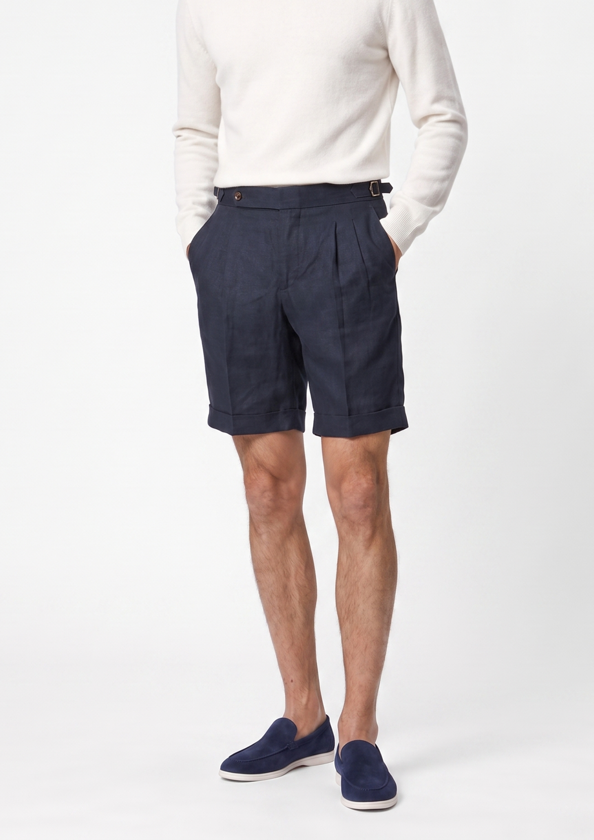 Navy Blue Pleated Linen Seaside Shorts by SATRI & CO. – product view 6