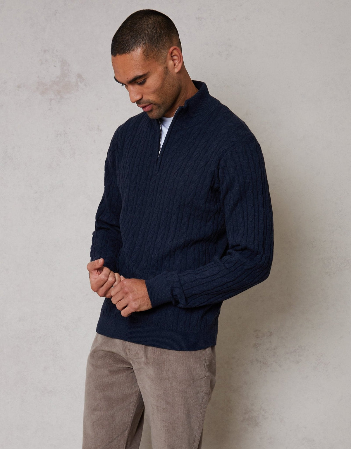 Cable Knit Quarter Zip Jumper in Navy