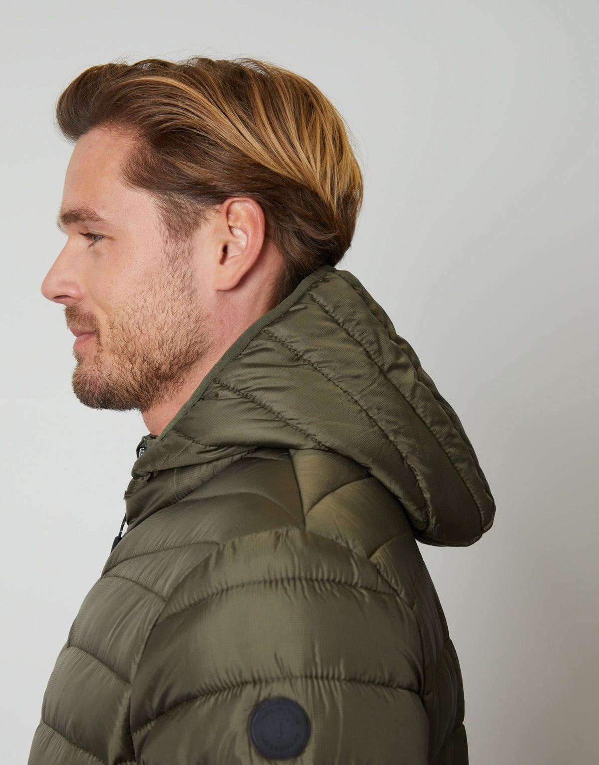 Matte Finish Padded Hooded Jacket in Khaki Green