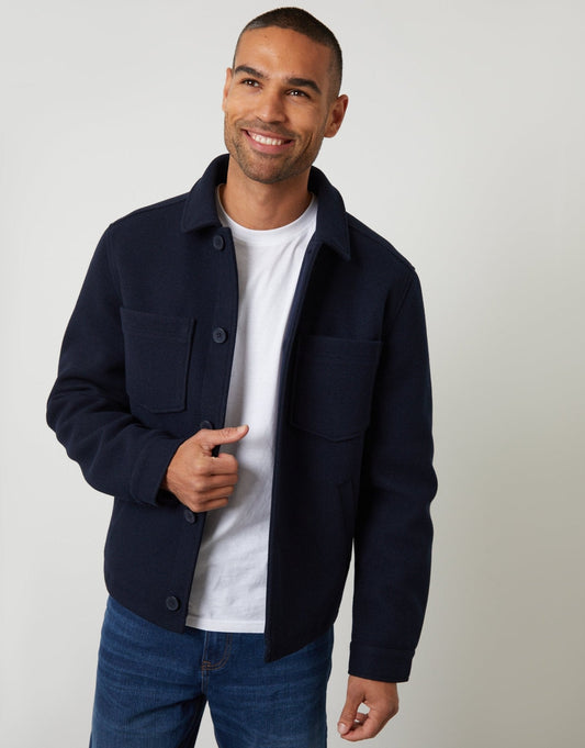 Faux Wool Button Up Quilted Shacket in Navy