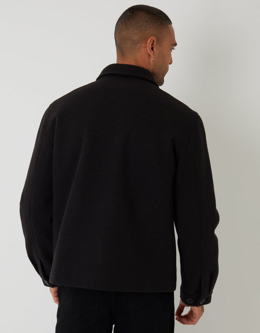 Faux Wool Button Up Quilted Shacket in Black