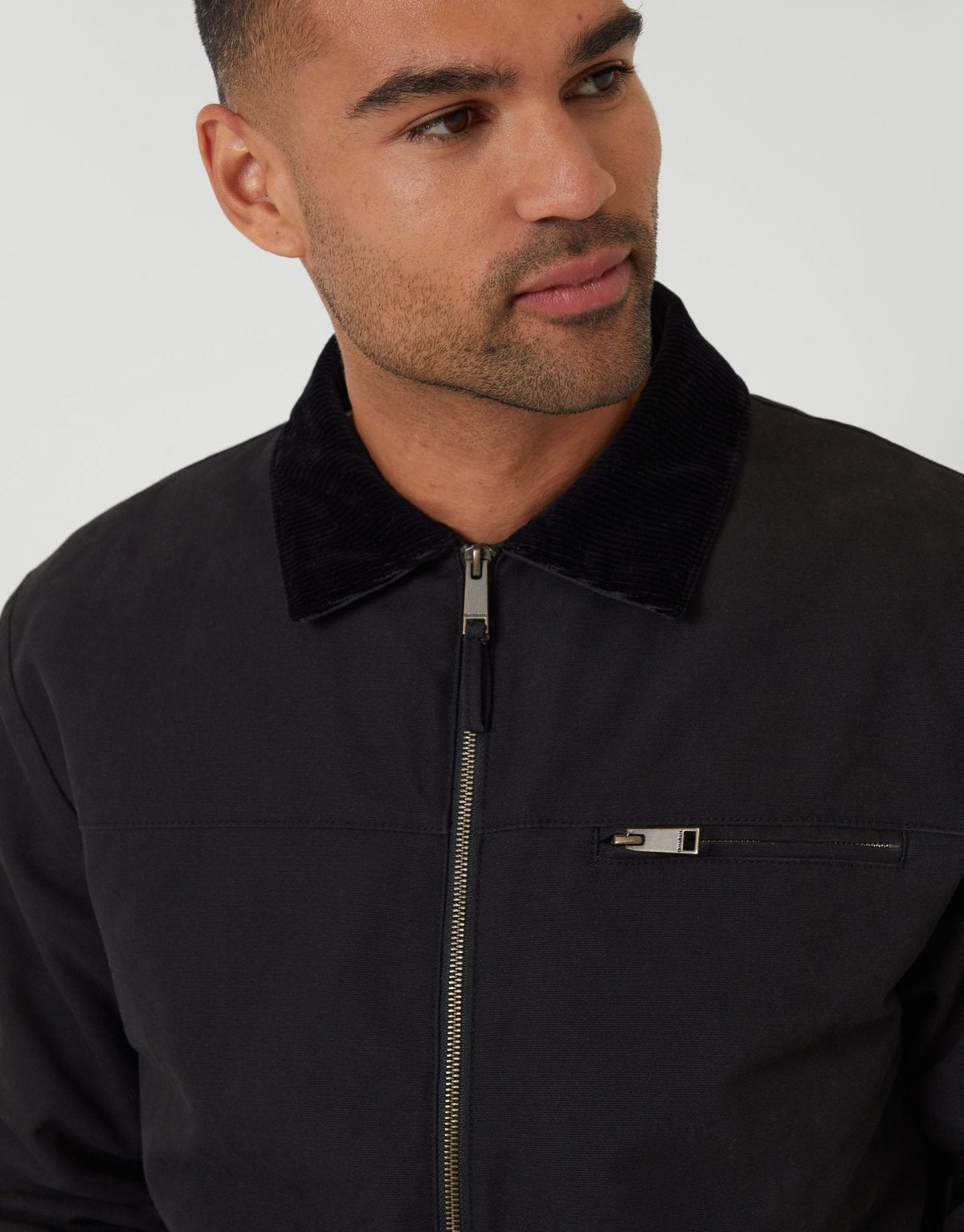 Lightweight Cotton Canvas Jacket With Corduroy Collar in Black