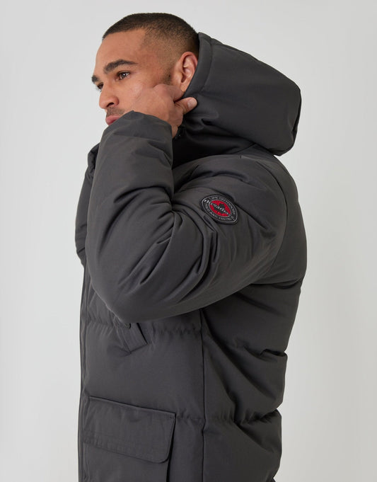 Showerproof Hooded Puffer Coat with Adjustable Waist in Slate Grey