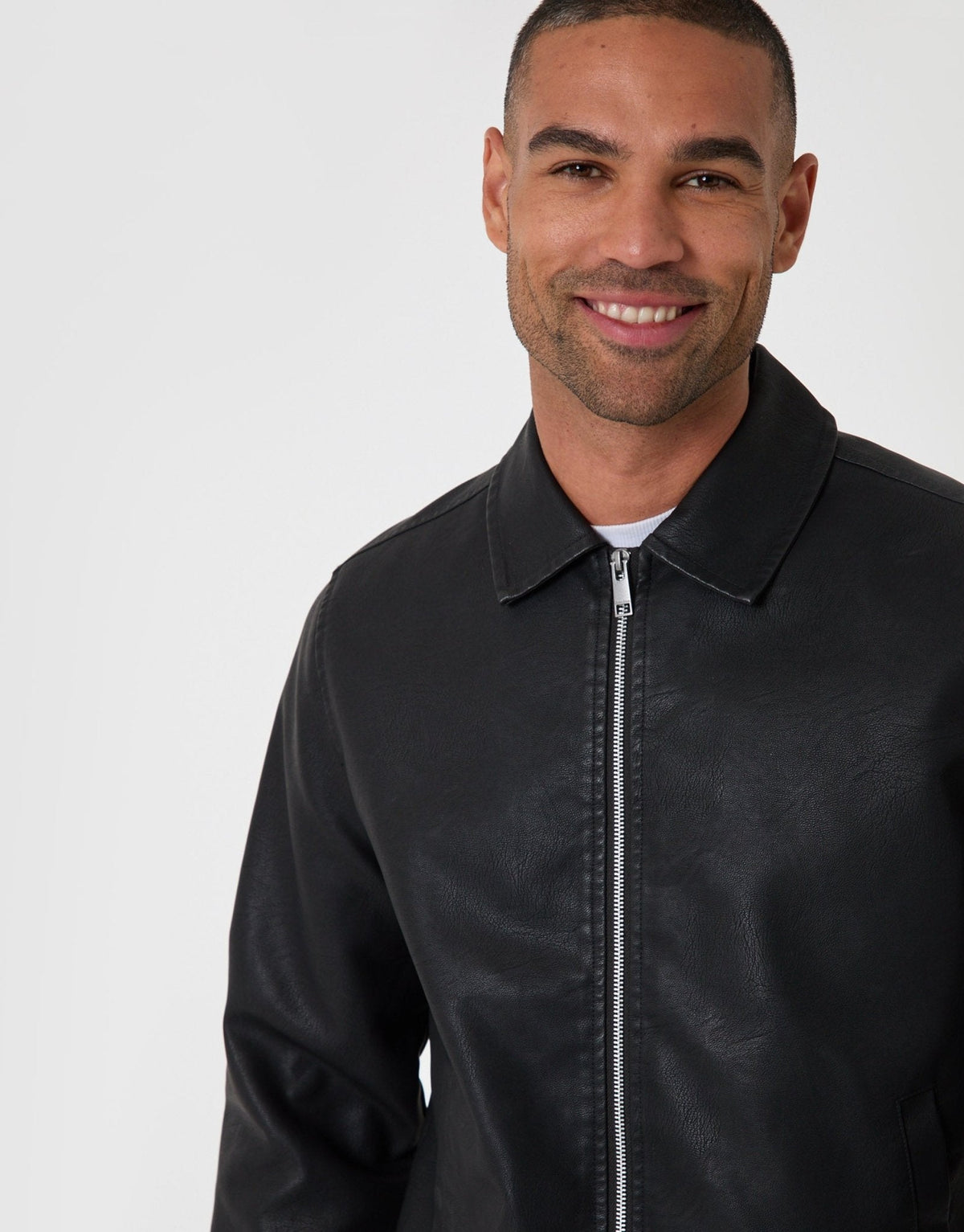 Faux Leather Zip Up Collared Jacket in Black