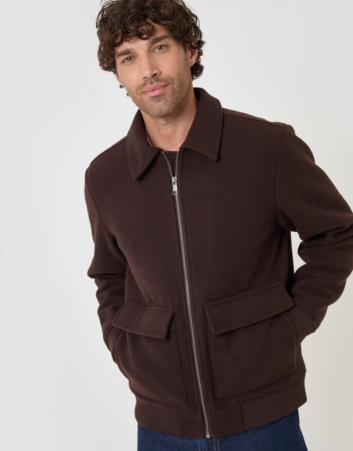 Faux Wool Collared Lightweight Jacket in Chocolate Brown