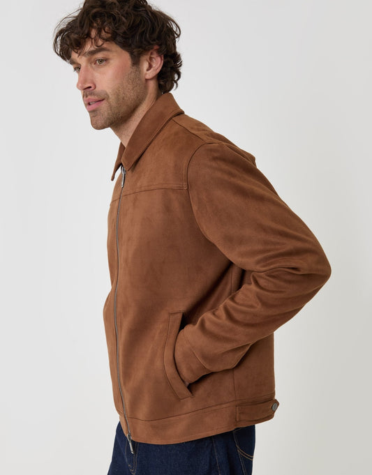 Faux Suede Collared Jacket in Taupe