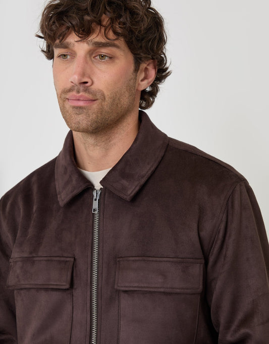 Faux Suede Collared Jacket in Chocolate Brown
