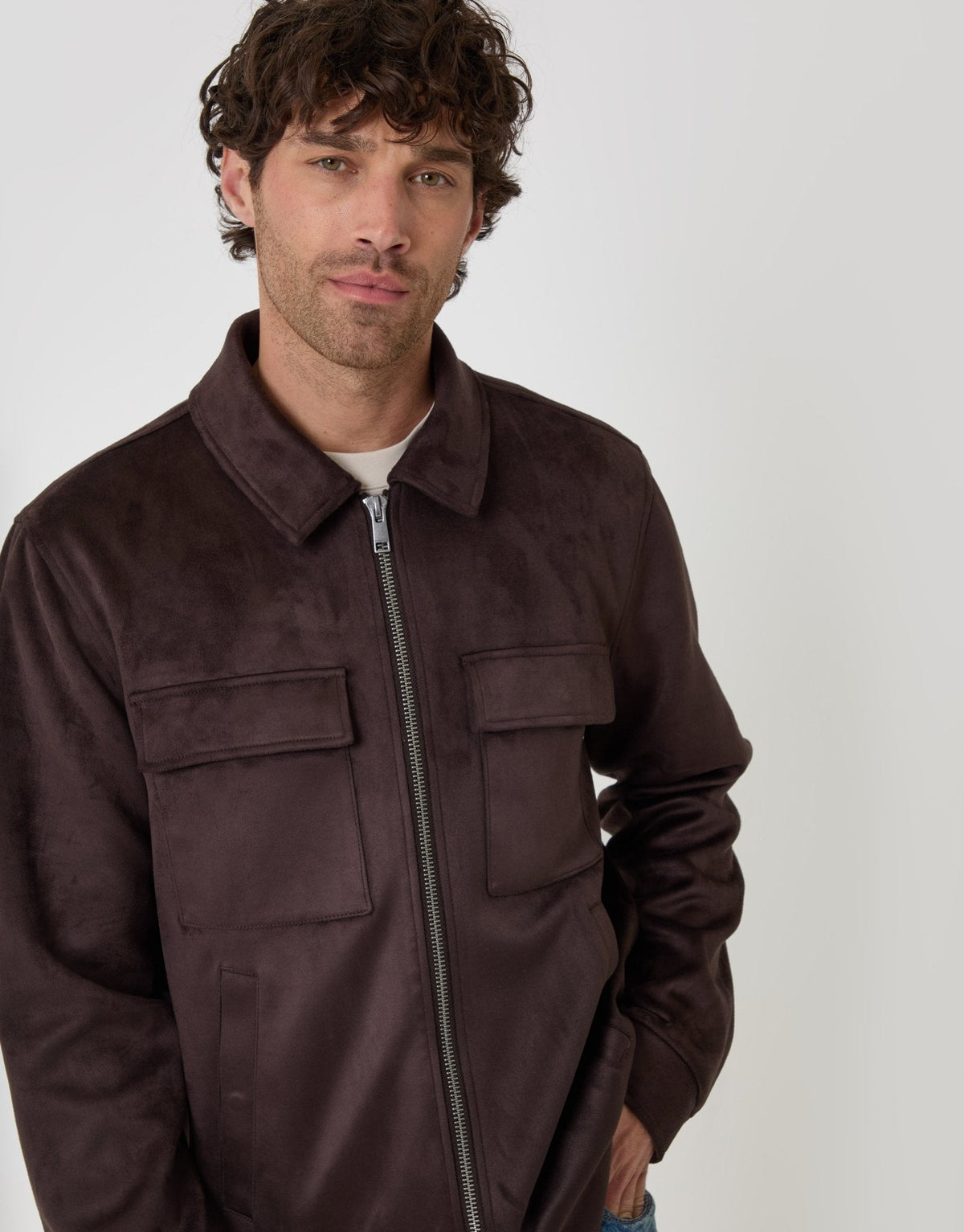 Faux Suede Collared Jacket in Chocolate Brown
