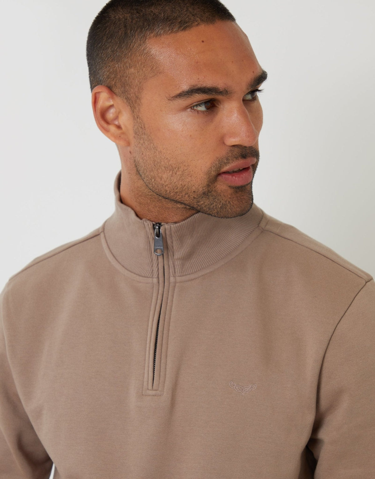 The Essential Cotton Rich Quarter Zip Sweatshirt in Taupe