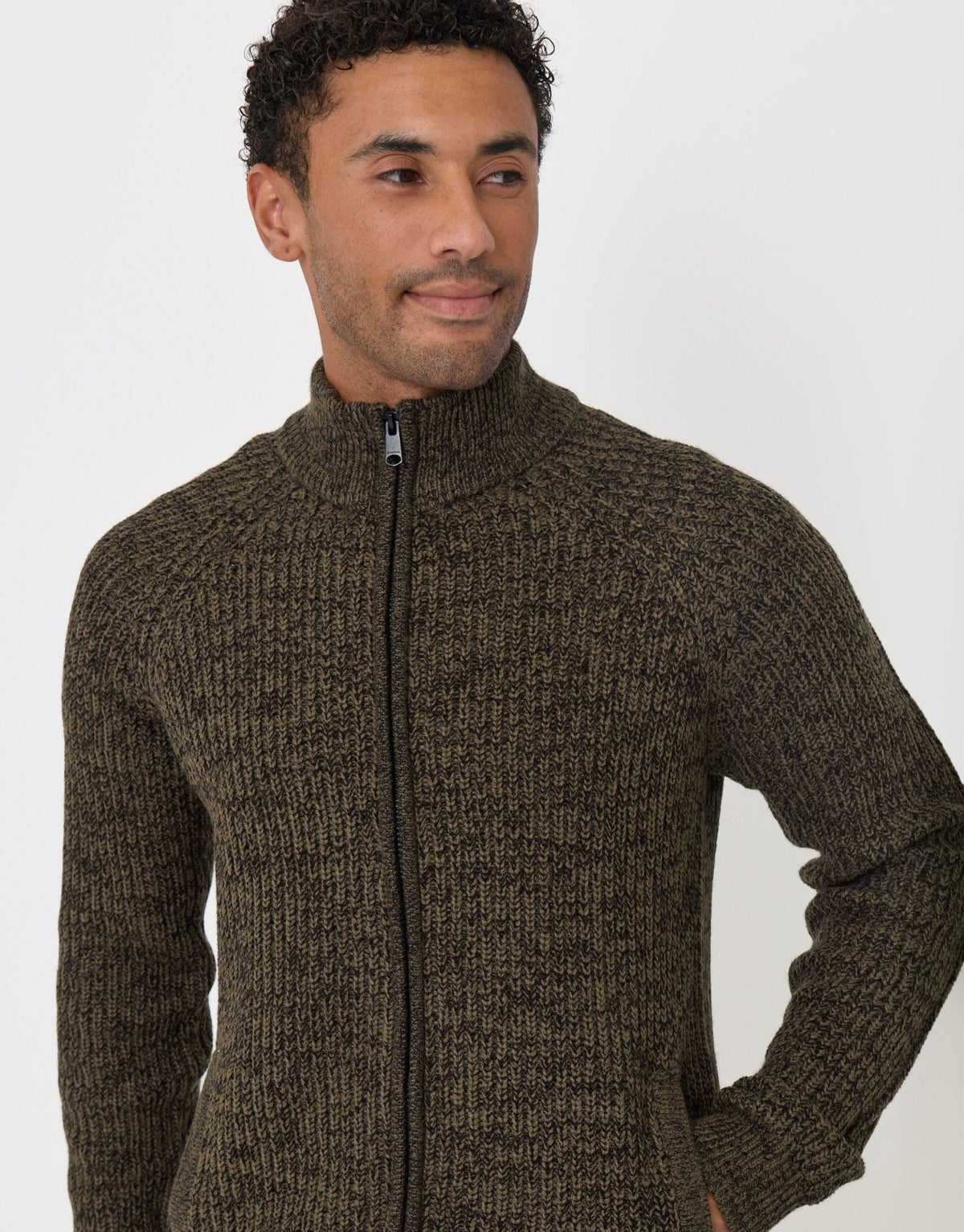 Full-Zip Cardigan in Khaki Green