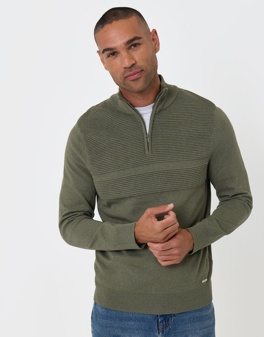 Rib Detail Knitted Quarter Zip Jumper in Khaki Green