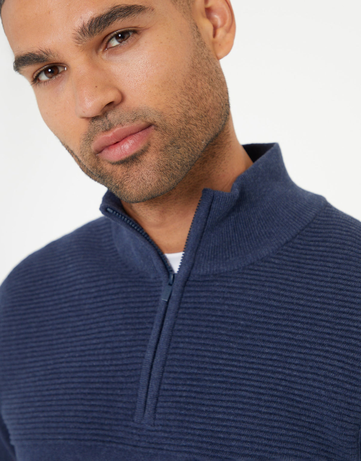 Rib Detail Knitted Quarter Zip Jumper in Denim Blue