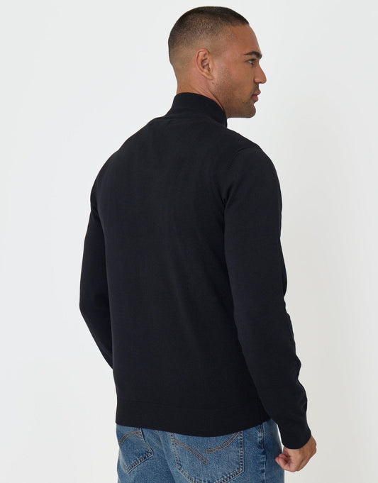 Funnel Neck Quarter Zip Knitted Jumper in Black