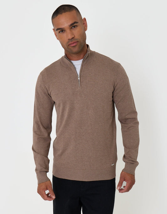 Funnel Neck Quarter Zip Knitted Jumper in Taupe Marl
