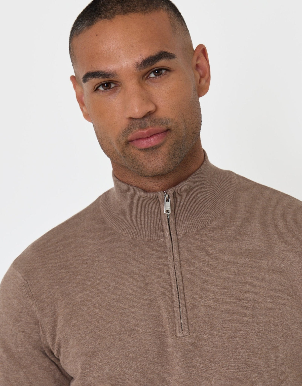 Funnel Neck Quarter Zip Knitted Jumper in Taupe Marl