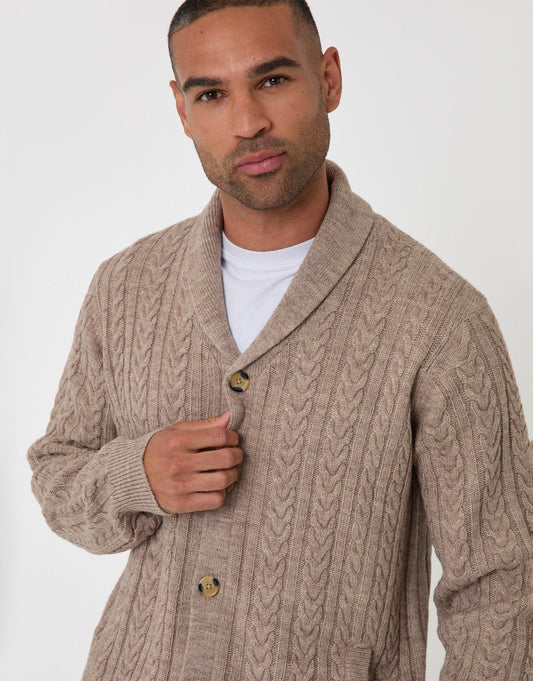 Wool Blend Shawl Collar Cardigan in Beige