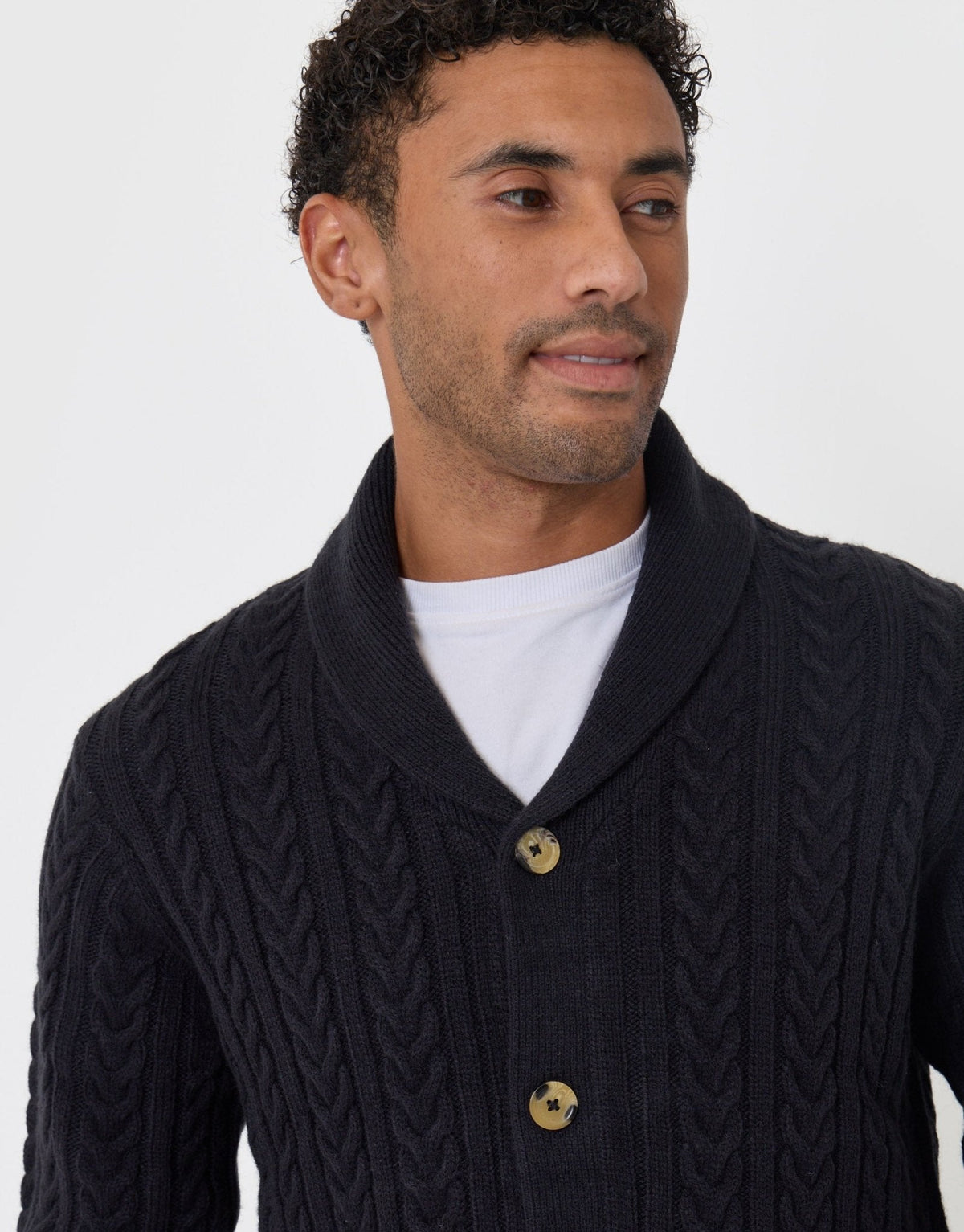 Cable Knit Shawl Cardigan in Navy