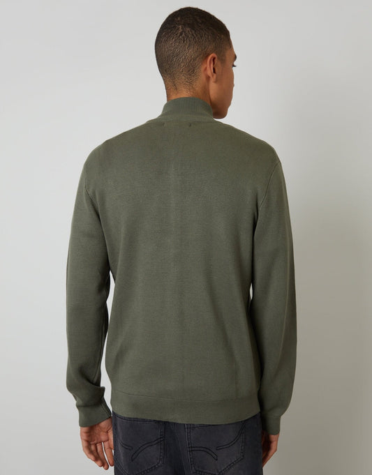 Zip-Through Funnel Neck Knitted Cardigan in Dark Sage Green