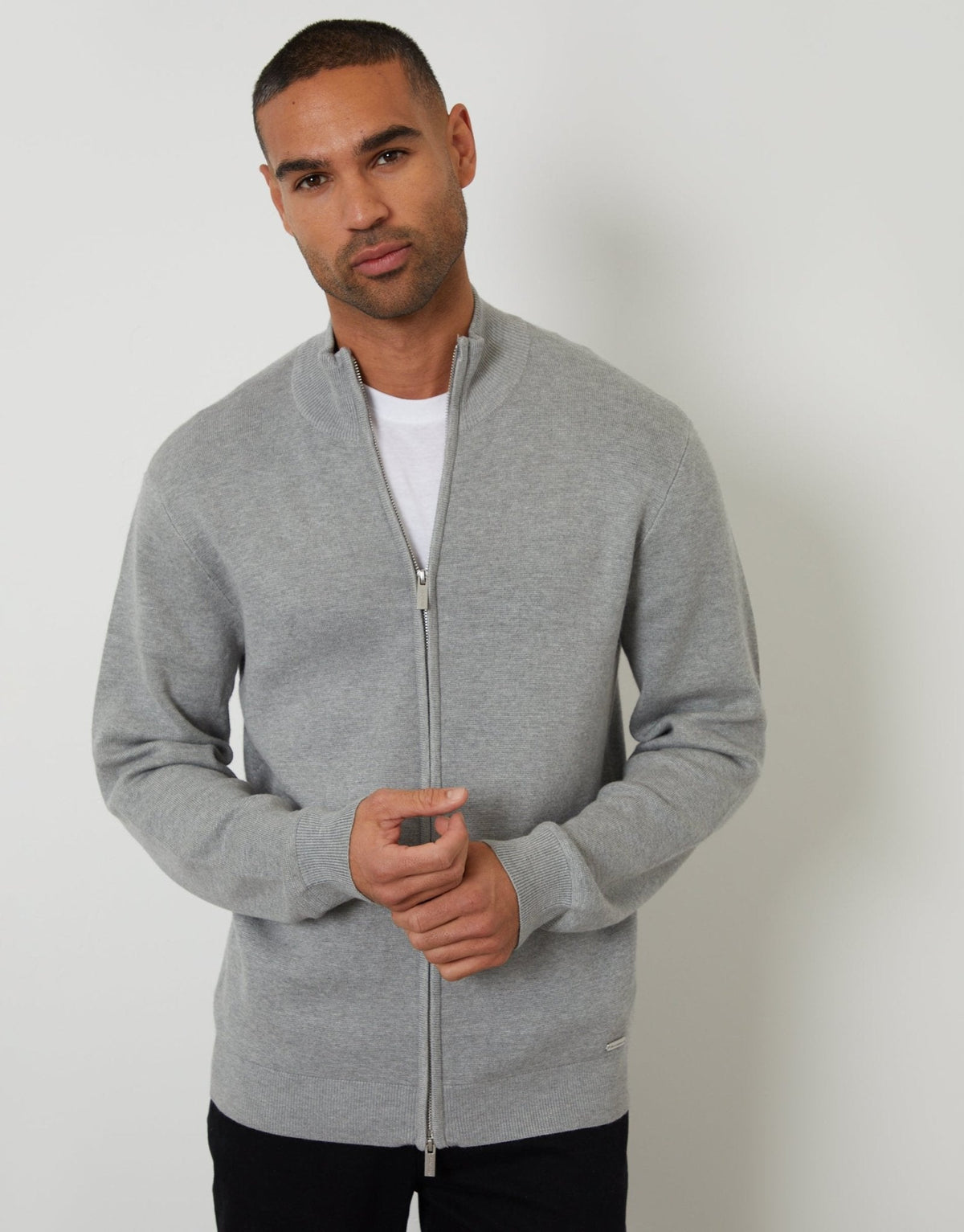 Zip-Through Funnel Neck Knitted Cardigan in Light Grey
