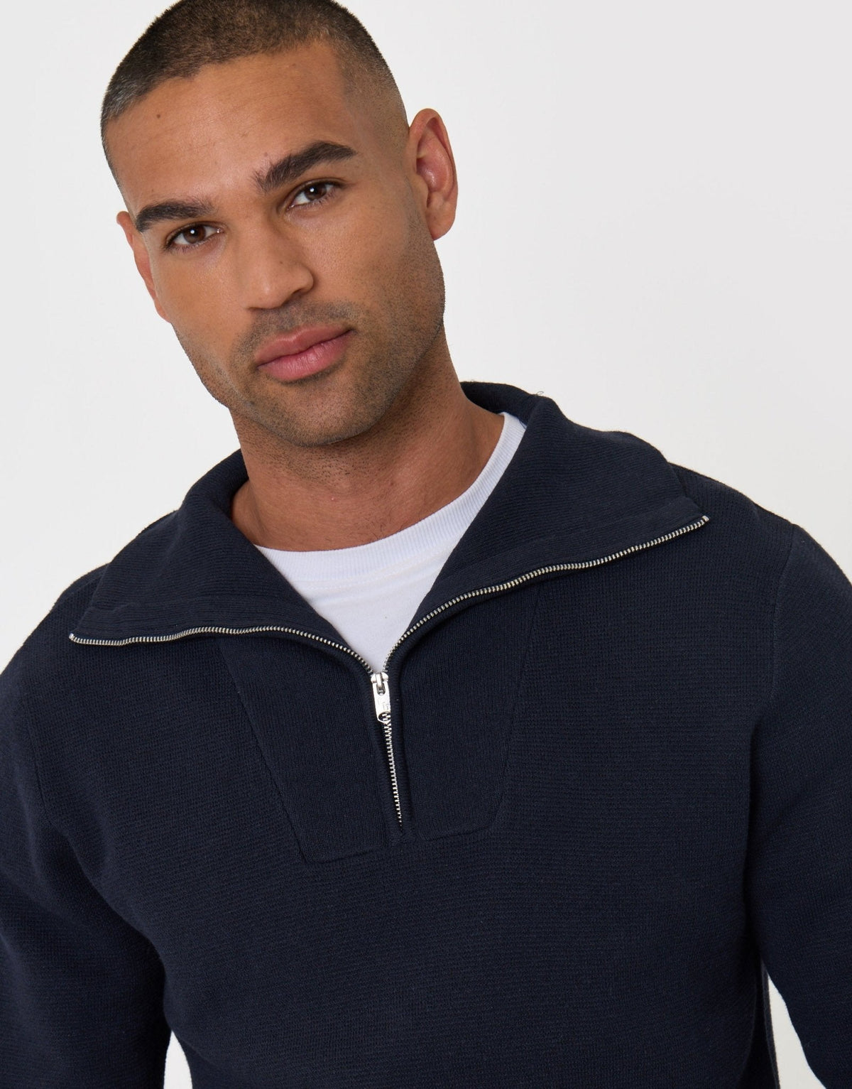 Rib Panel Quarter Zip Jumper in Navy