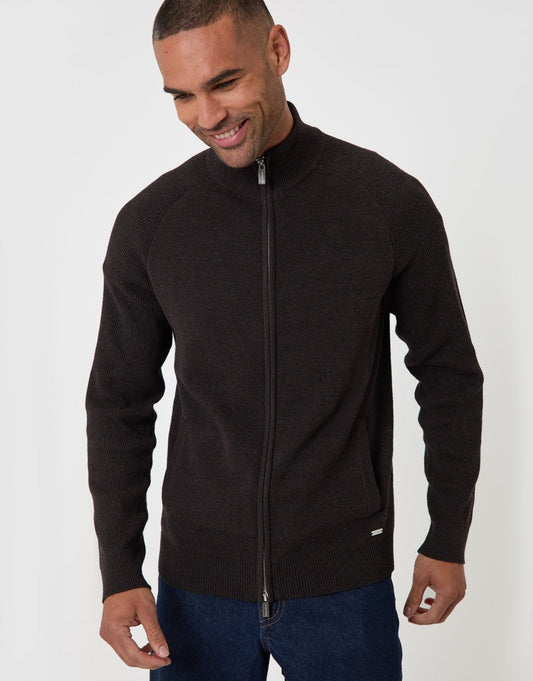 Cotton Rich Funnel Neck Zip Through Sweatshirt in Chocolate Brown