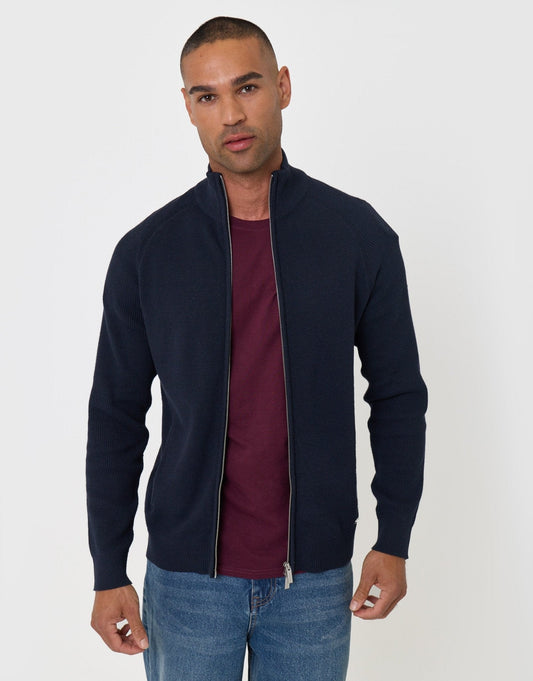 Knitted Zip Up Funnel Neck Cardigan in Navy