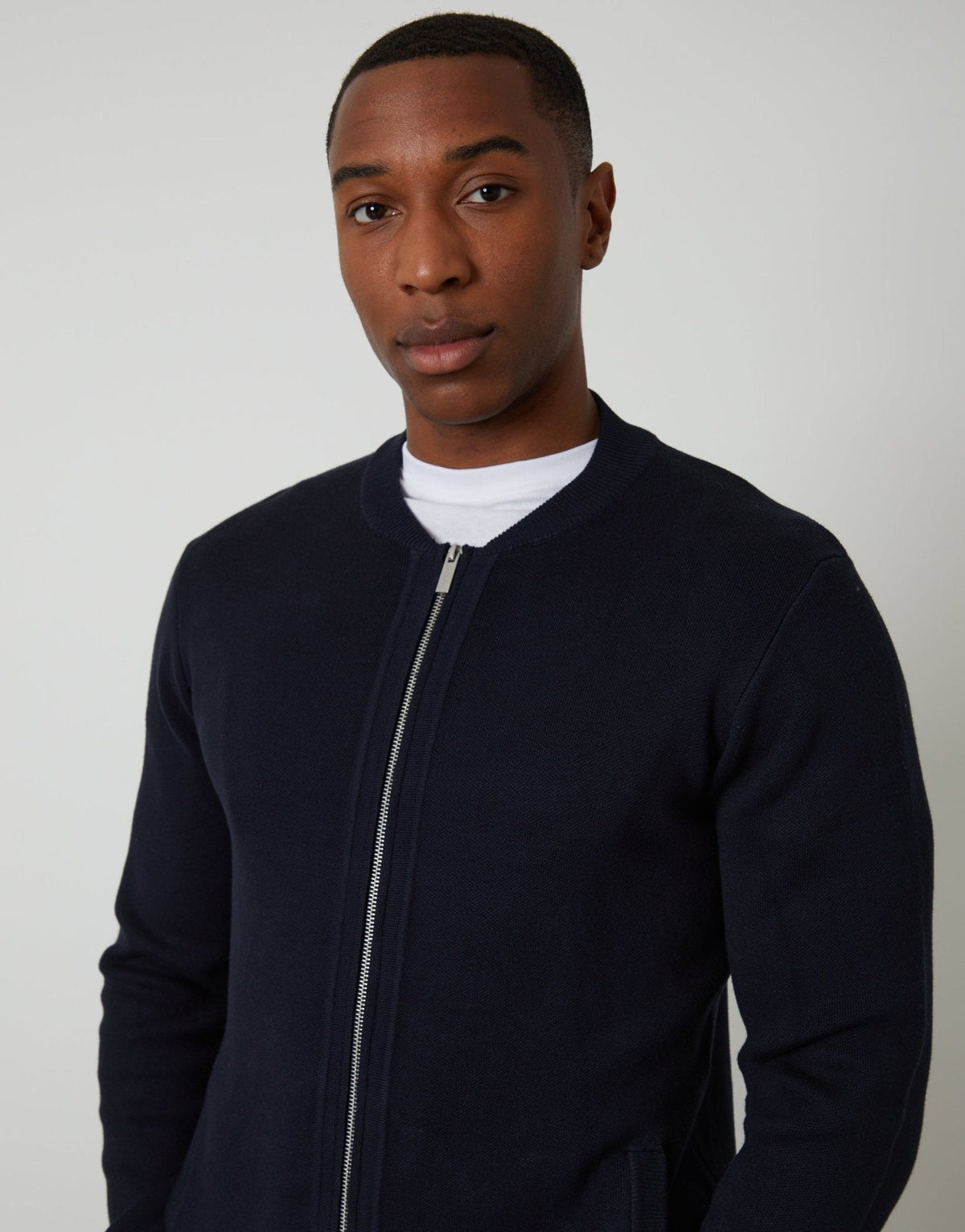 Bomber-Style Knitted Zip Through Cardigan in Navy