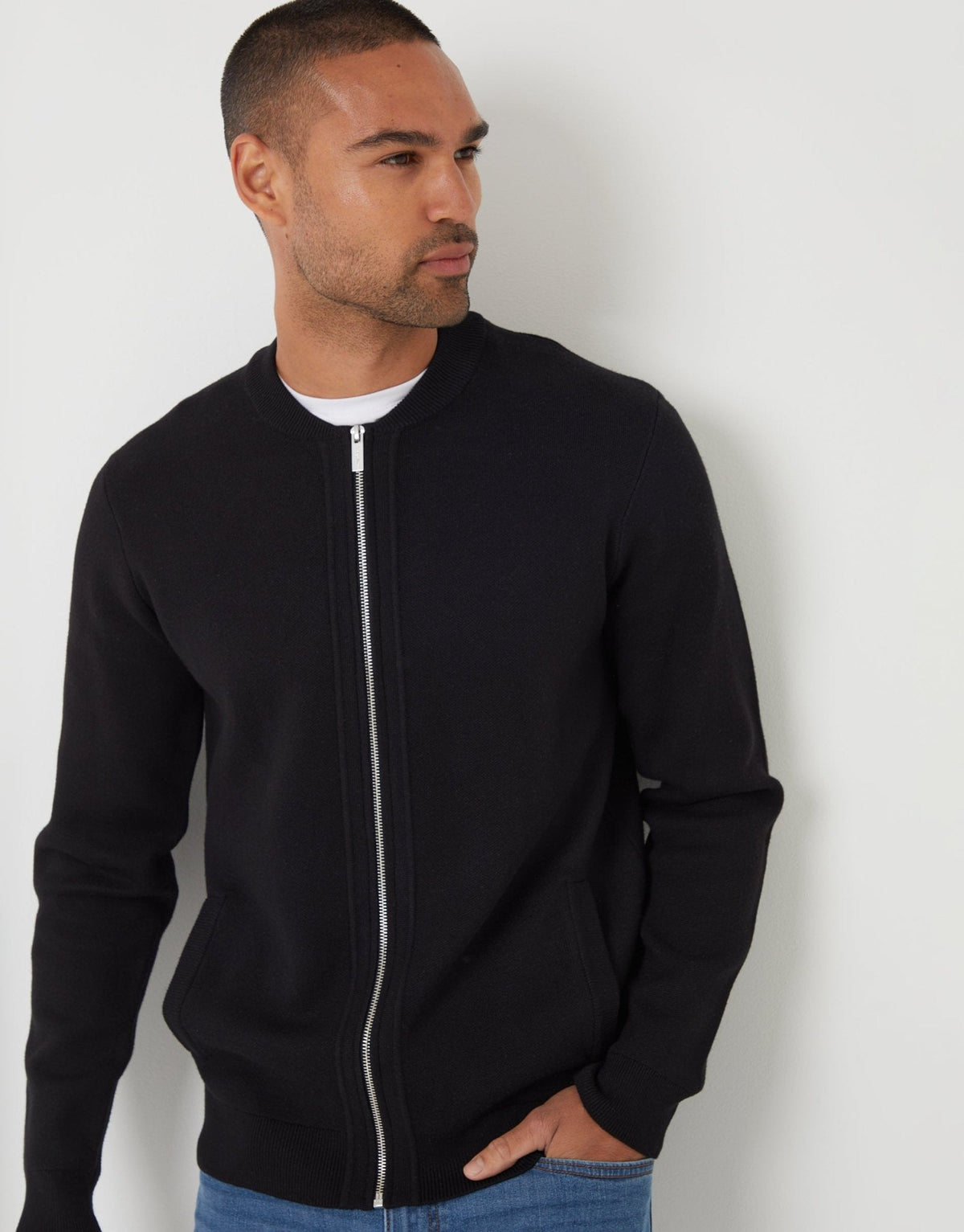 Bomber-Style Knitted Zip Through Cardigan in Black