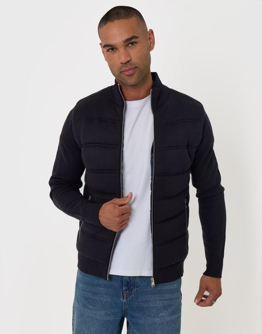 Quilted Zip Up Knitted Jacket in Navy