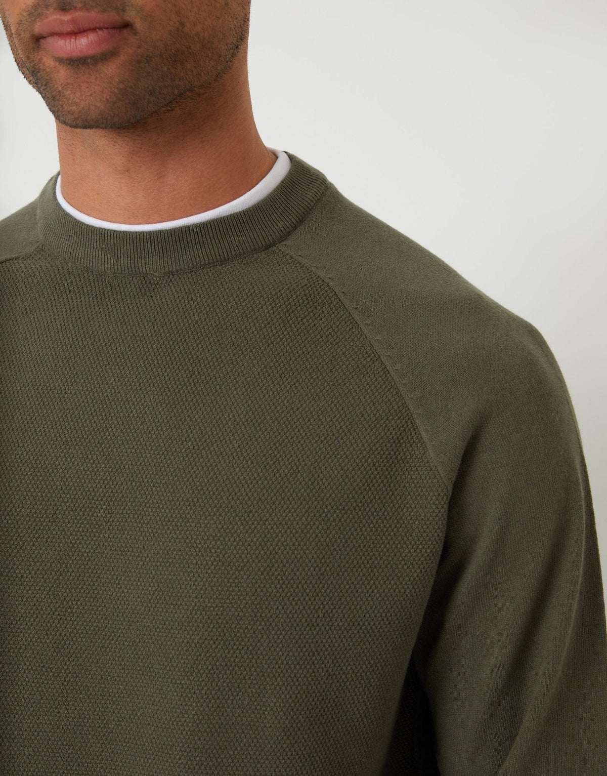 Mock Tee Textured Knit Crew Neck Jumper in Khaki Green