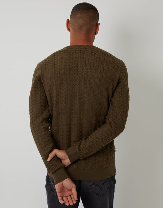Cable Knit Crew Neck Jumper in Khaki Green