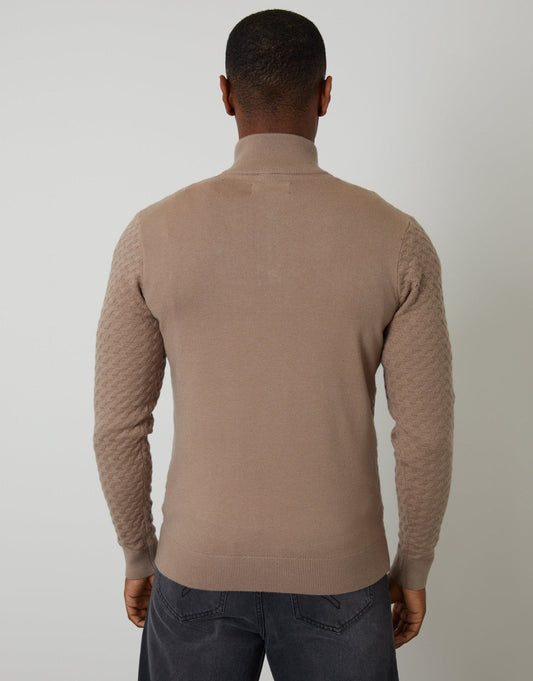 Textured Cable Knit Quarter Zip Jumper in Beige