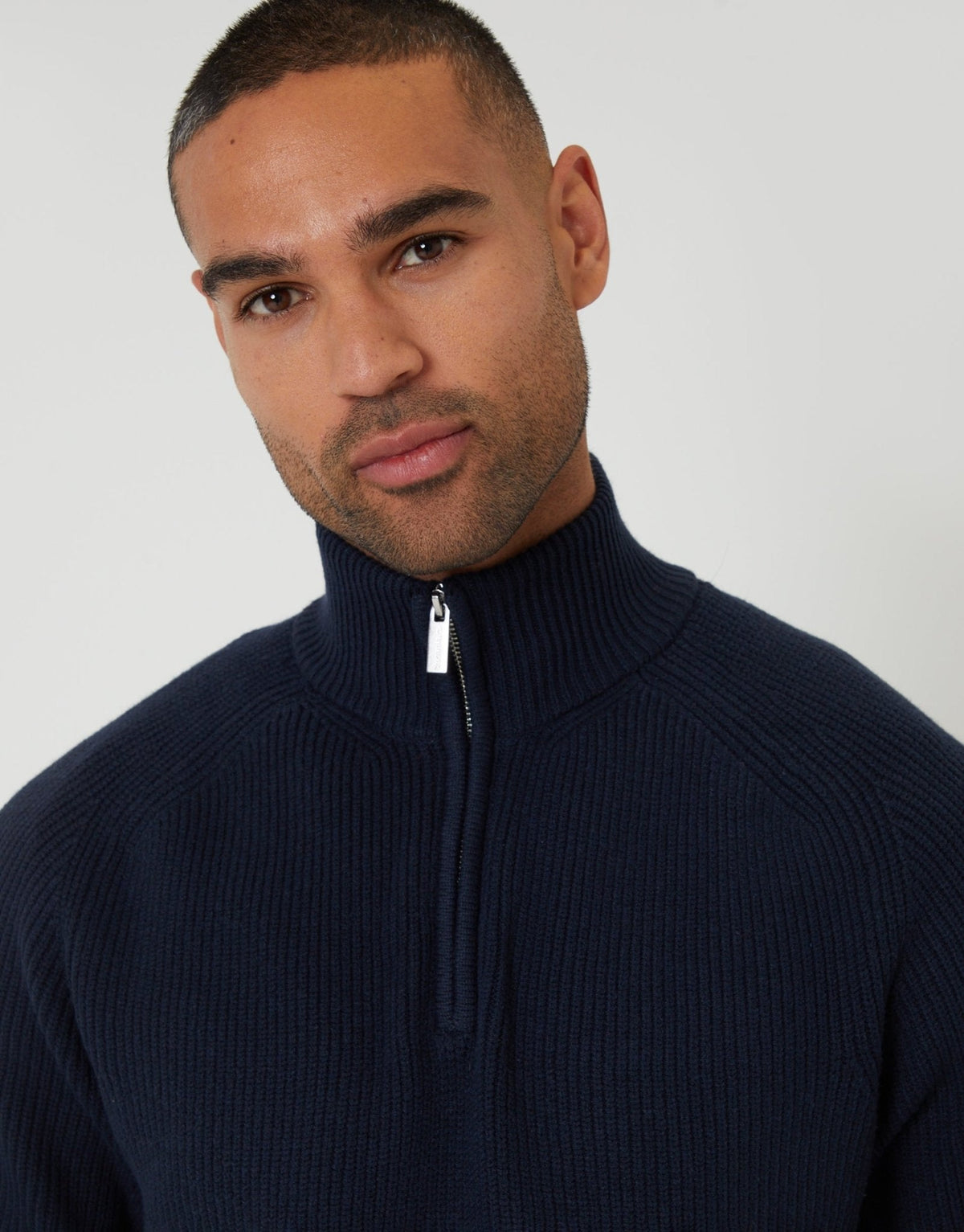Rib Panel Quarter Zip Knitted Jumper in Navy