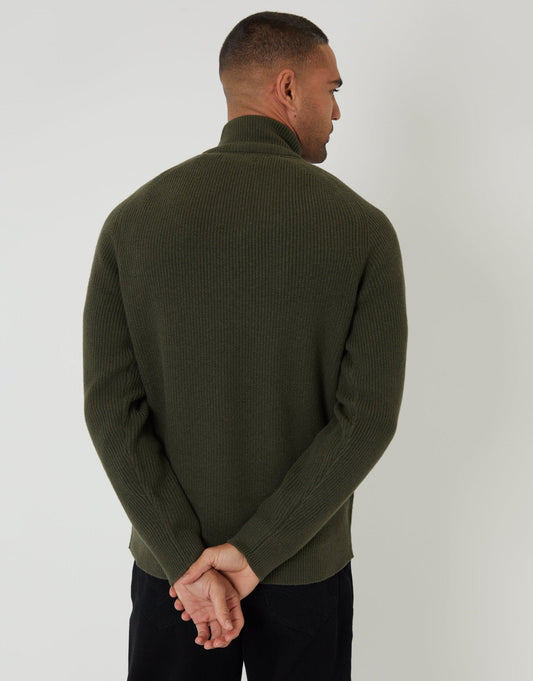Rib Panel Quarter Zip Knitted Jumper in Forest Green