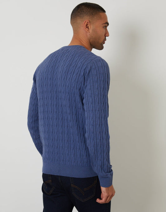 Cable Knit Crew Neck Jumper in Blue