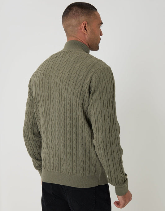Cable Knit Quarter Zip Jumper in Olive Green