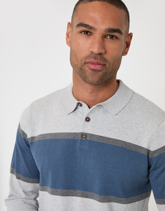 Boxy Fit Cotton Rich Rugby Polo in Grey & Blue Stripe