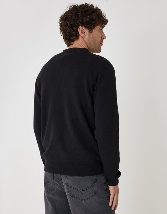 Cotton Rich Quarter Zip Long Sleeve Polo in Black