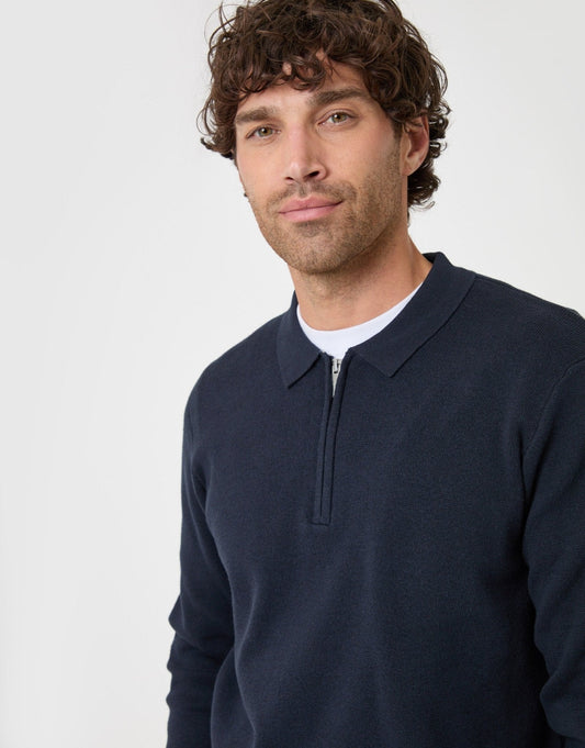 Cotton Rich Quarter Zip Long Sleeve Polo in Navy