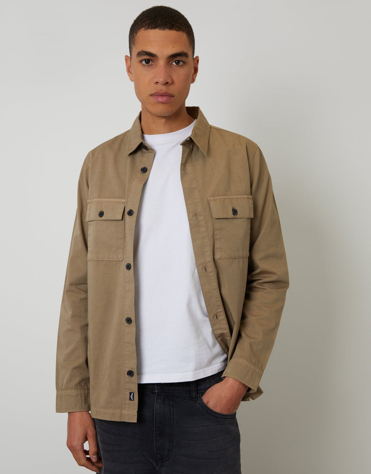 The Lightweight Cotton Shacket in Taupe