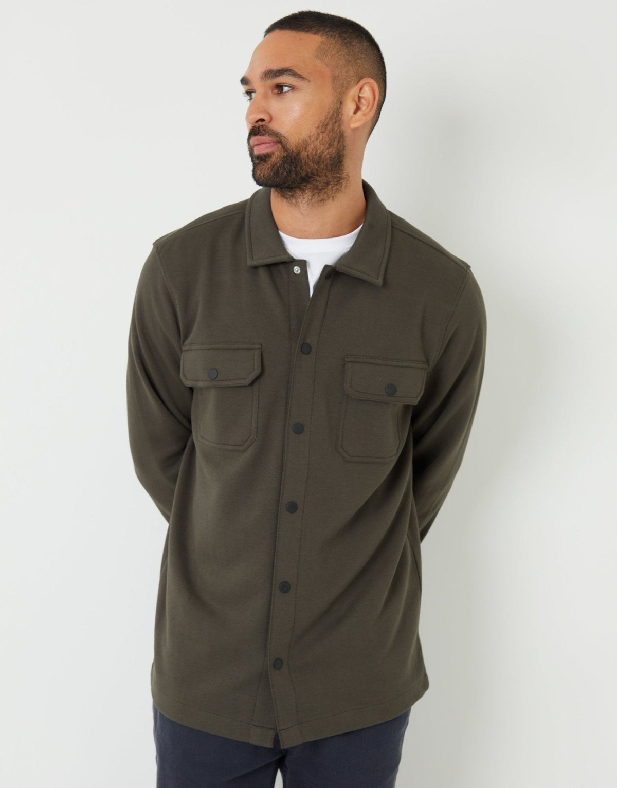 Pique Popper Fastening Shacket in Khaki Green