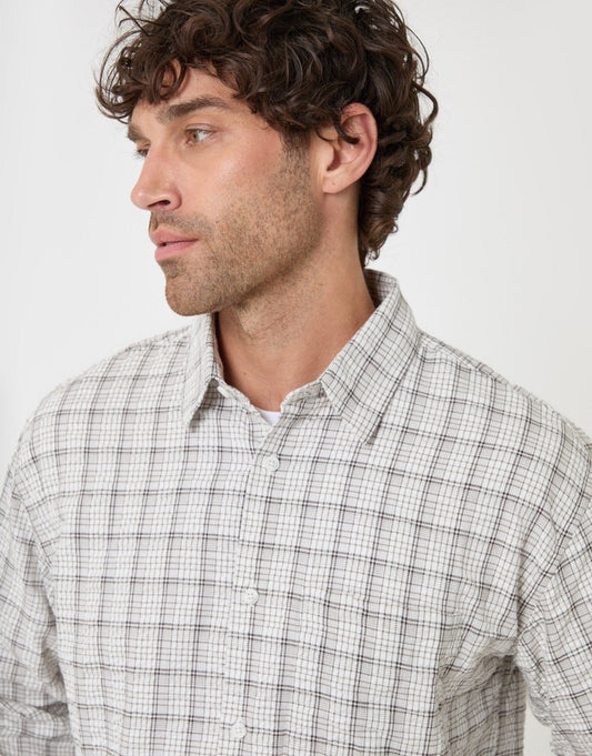 Relaxed Fit Cotton Seersucker Shirt in Ecru Check