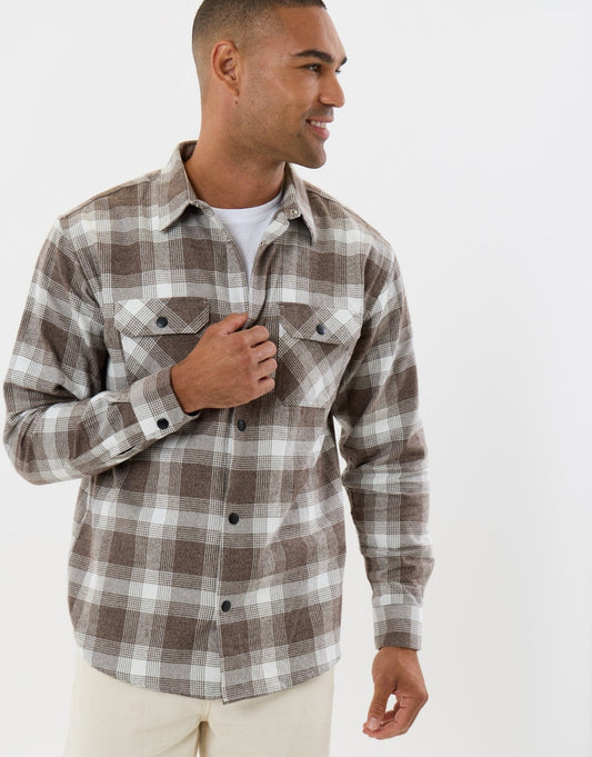 Relaxed Fit Cotton Patch Pocket Shirt in Chocolate Brown Check