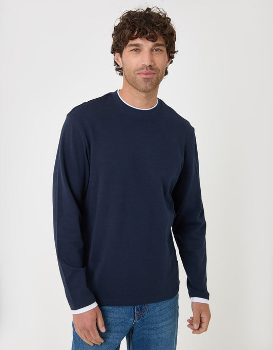 Cotton Mock Layer Long Sleeve T-Shirt in Navy