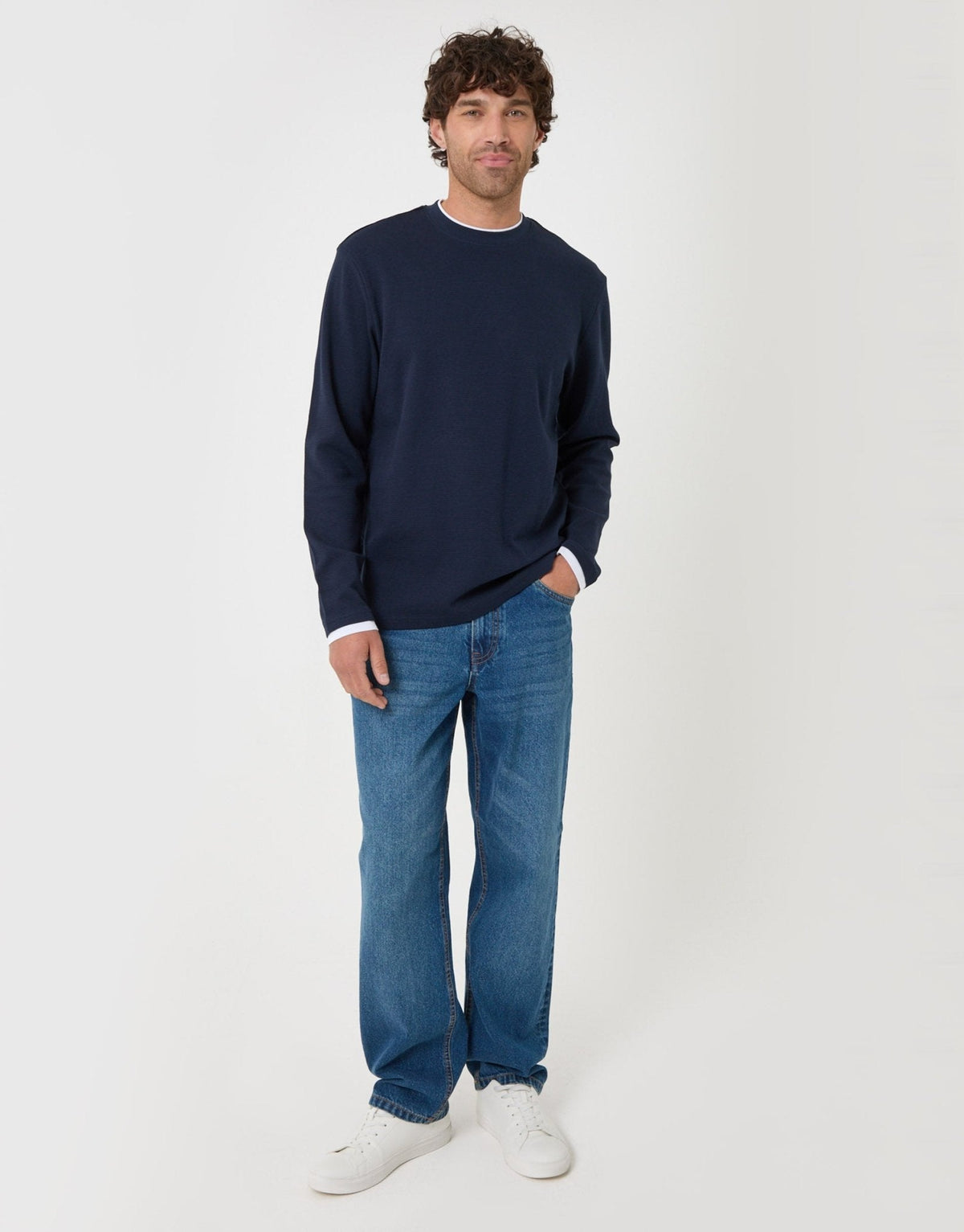 Cotton Mock Layer Long Sleeve T-Shirt in Navy