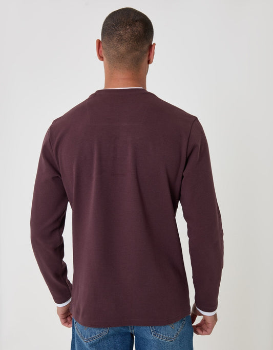Cotton Mock Layer Long Sleeve T-Shirt in Burgundy