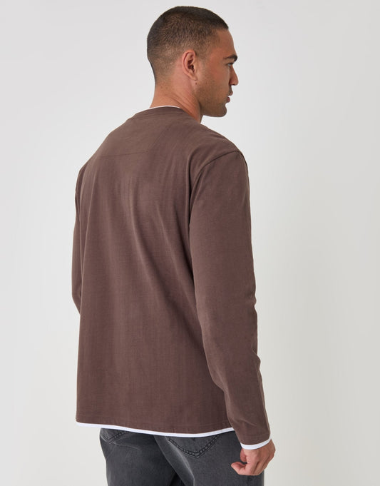 Relaxed Fit Mock Layer Long Sleeve T-Shirt in Chocolate Brown