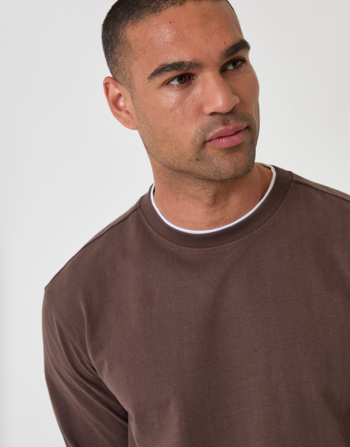 Relaxed Fit Mock Layer Long Sleeve T-Shirt in Chocolate Brown
