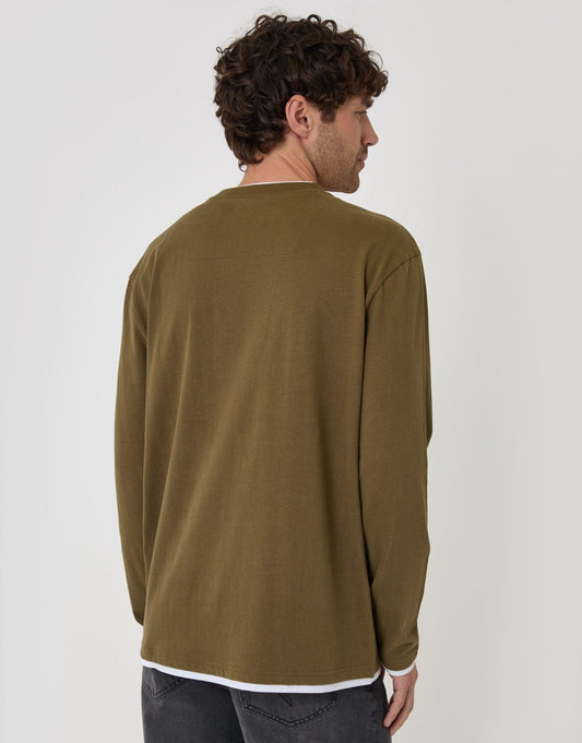 Relaxed Fit Mock Layer Long Sleeve T-Shirt in Khaki