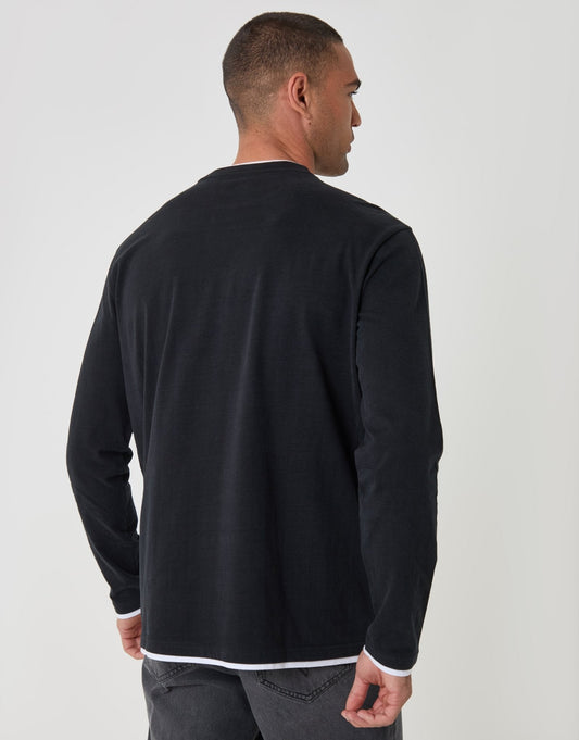 Relaxed Fit Mock Layer Long Sleeve T-Shirt in Black